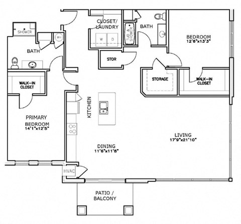 Floor plan for 2 beds, 2 baths, 1679 sqft